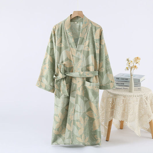 Jacquard Leaf Cotton Kimono Spa Bathrobe - Light Green - XL - image 0