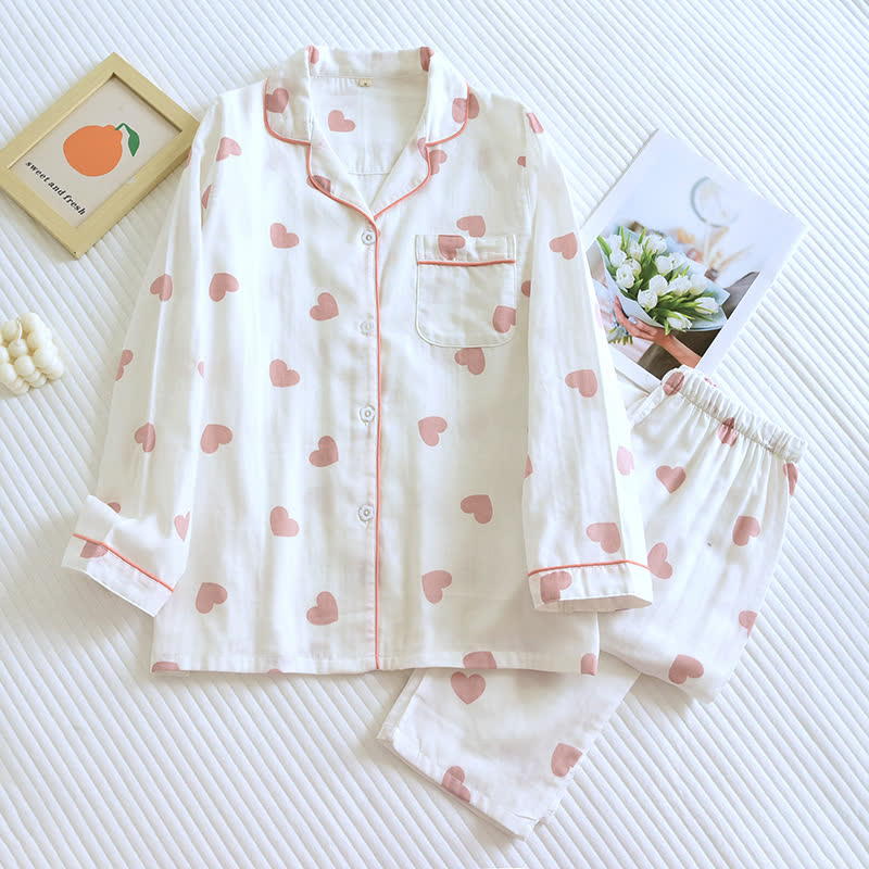 Cotton Gauze Heart Print Soft Pajama Set - White - XL - image 2
