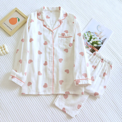 Cotton Gauze Heart Print Soft Pajama Set - White - XL - image 2