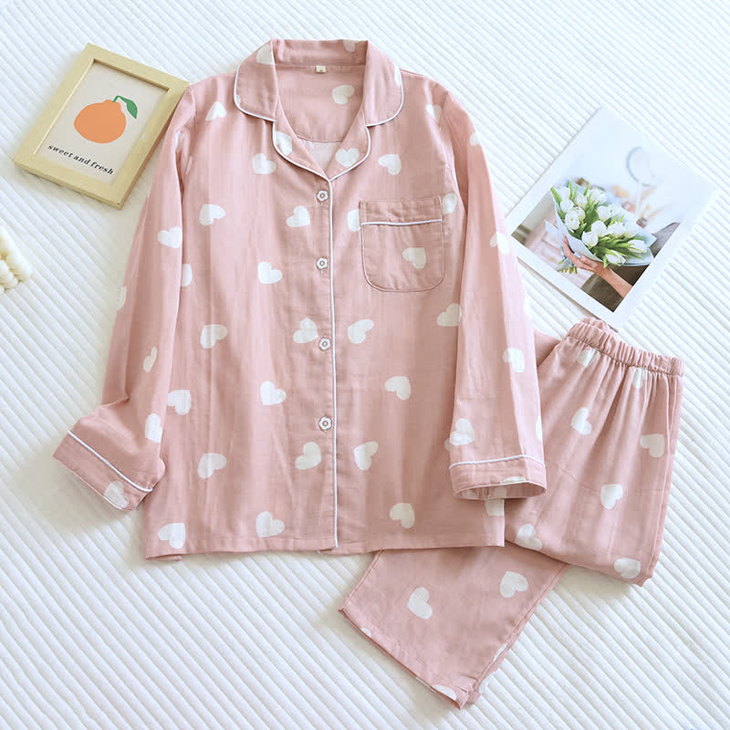 Cotton Gauze Heart Print Soft Pajama Set - Pink - XL - image 3