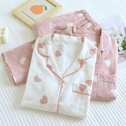 Cotton Gauze Heart Print Soft Pajama Set - image 1