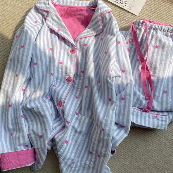 Sweet Heart Print Striped Pajama Set - 4XL - image 0