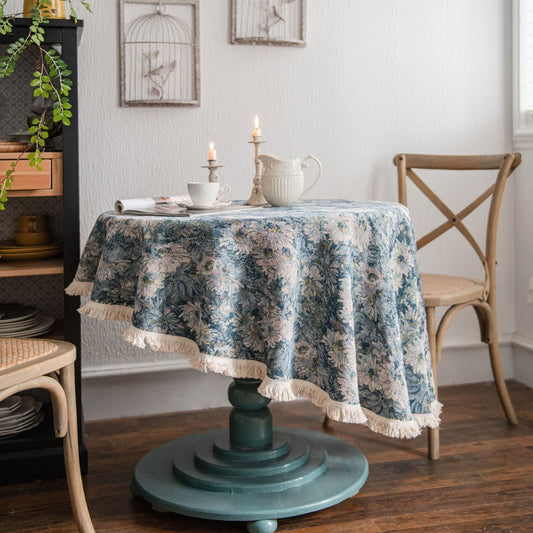 Jacquard Tassel Oil Painting Style Round Tablecloth - Blue - 59" - image 0