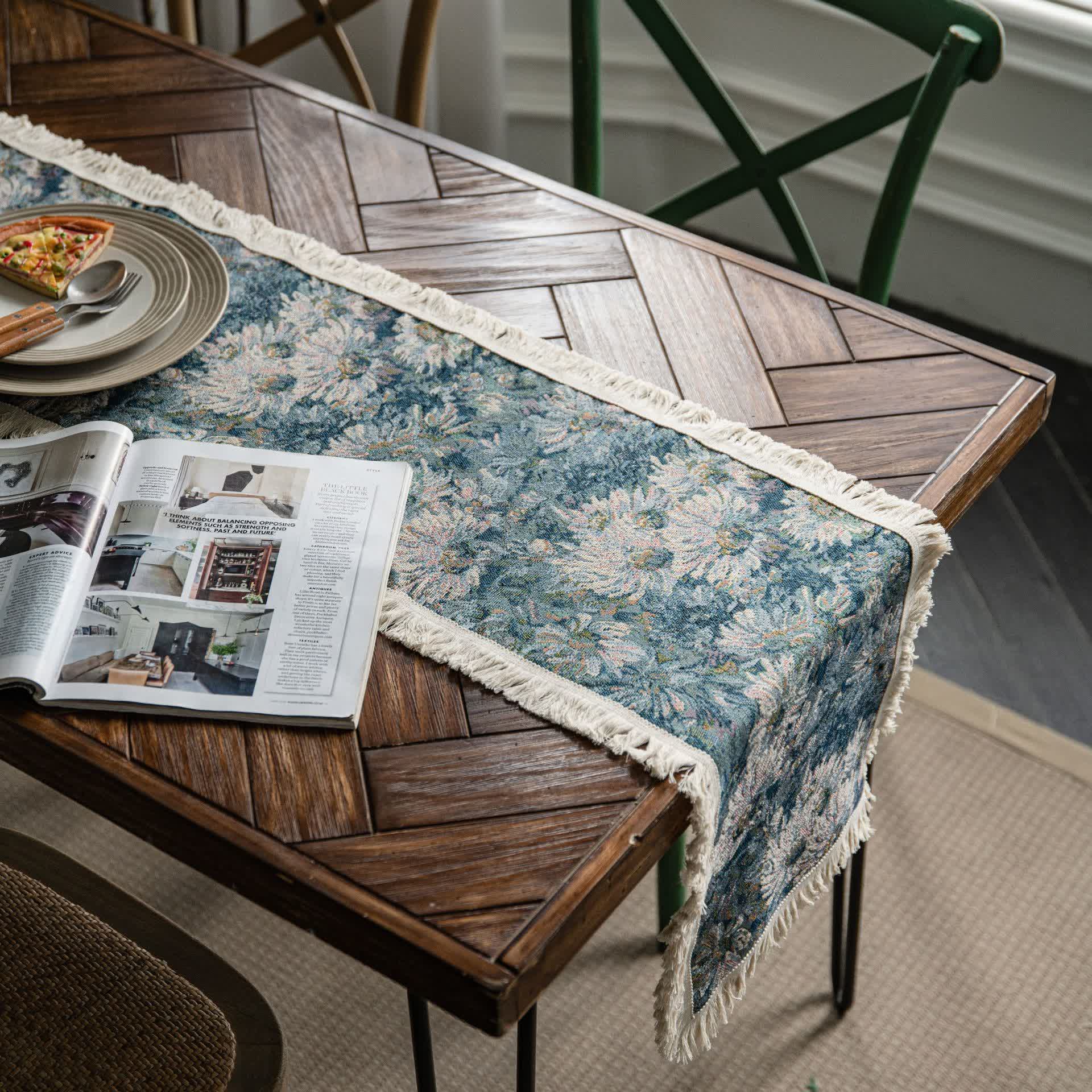 Rural Style Jacquard Vintage Table Runner - A-Blue - 12" x 118" - image 0