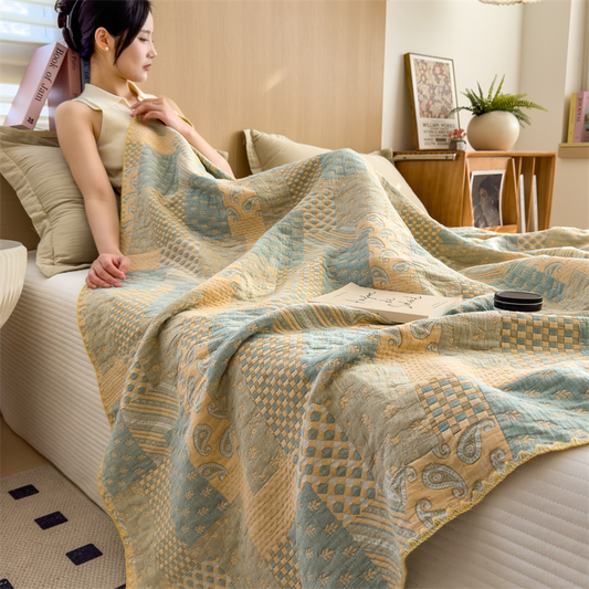 Three Layers Gauze Retro Comfy Lightweight Quilt - Yellow & Bean Green - Queen - image 0