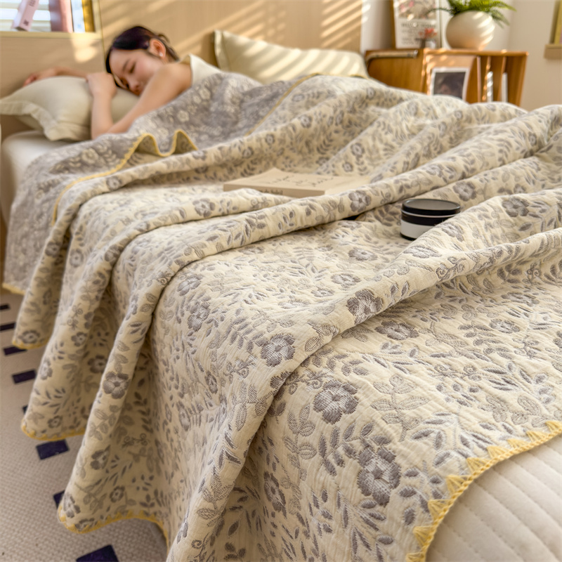 Refresh Floral Three Layers Cotton Gauze Quilt - Light Yellow & Gray - Queen - image 14