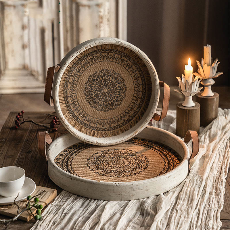 Retro Bohemian Style Wood Round Tray - 2 PCS - image 1