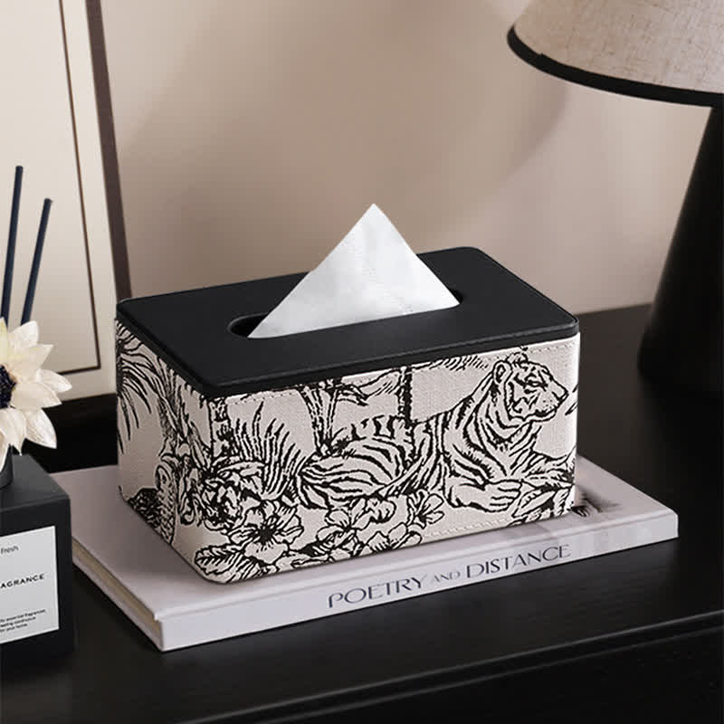 Vintage Leather Storage Tissue Box Cover - White & Black - S: 7"W x 5"L x 4"H - image 1