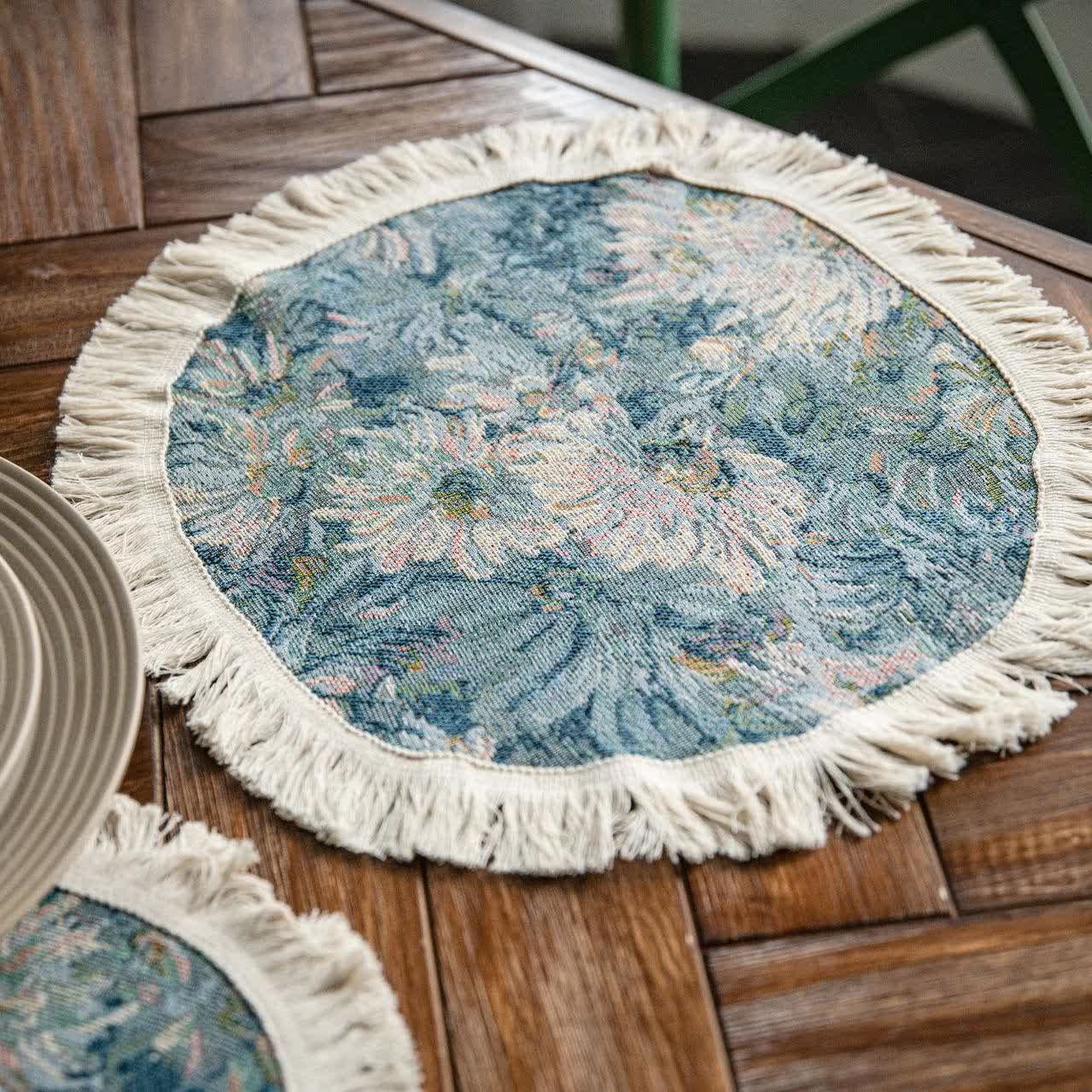 Jacquard Oil-painting Sunflower Tassel Placemat - Blue - 2PCS - 14.96"W x 14.96"L x 0.39"H - image 5