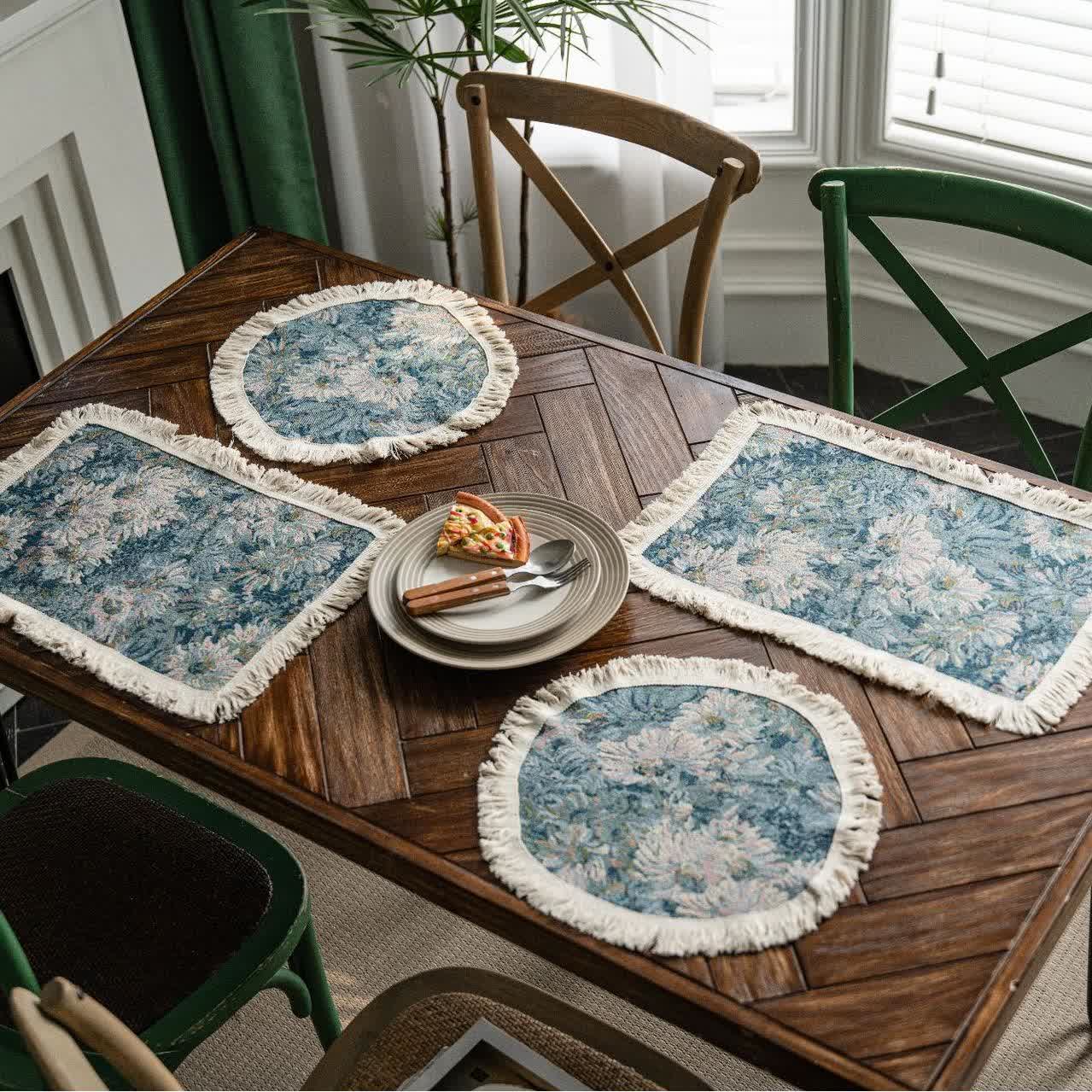 Jacquard Oil-painting Sunflower Tassel Placemat - Blue - 4PCS - Set(2 Sizes) - image 0