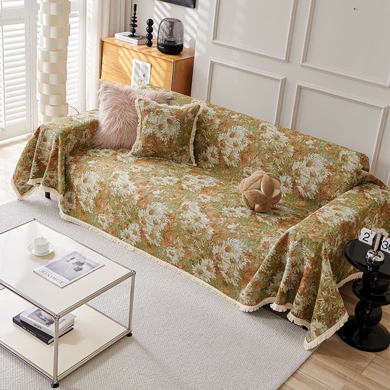 Tassel Cotton Linen Pastoral Couch Slipcover - Green - 71" x 165"  - image 7