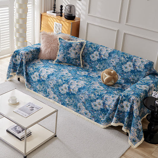 Tassel Cotton Linen Pastoral Couch Slipcover - Blue - 71" x 165"  - image 0