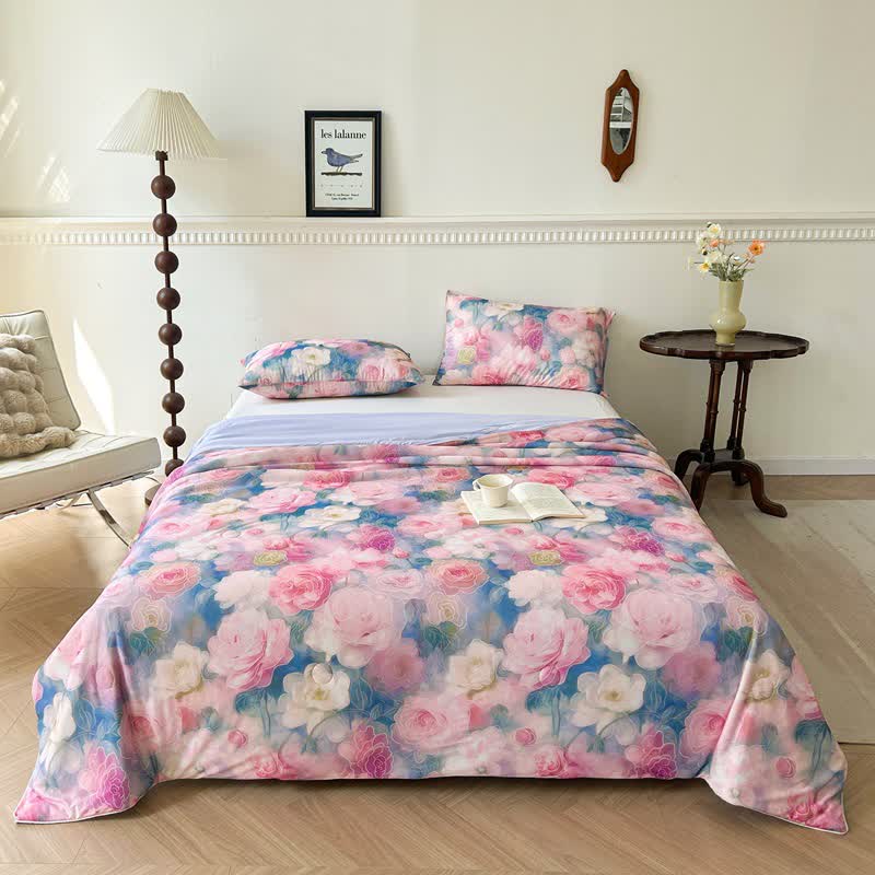 Blooming Flower World Comfy Cooling Quilt - Pink & Dark Blue - Queen - image 0