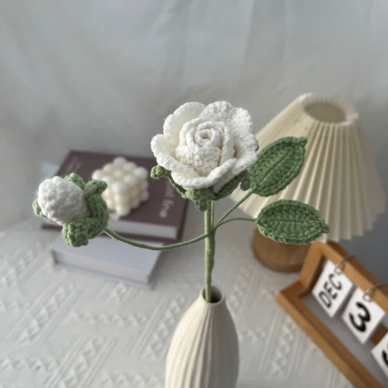Handmade Knitted Crochet Artificial Camellia - White - 3PCS - 2.17"W x 2.17"L x 15.75"H - image 2
