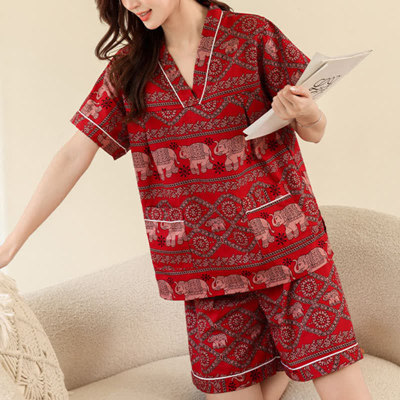 Plus Size Cotton Couple Retro Nightwear Set - Red-Women - 4XL - image 2
