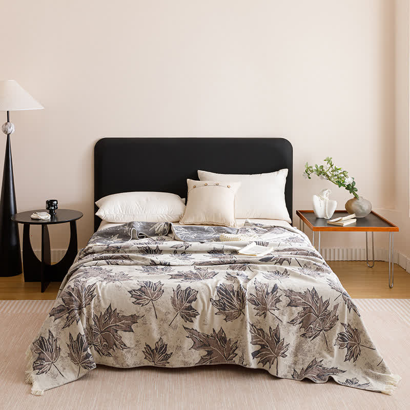 Cotton Gauze Tassel Maple Leaf Quilt - Gray - Queen - image 1