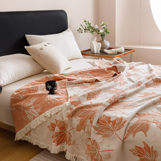 Cotton Gauze Tassel Maple Leaf Quilt - Orange - Queen - image 0