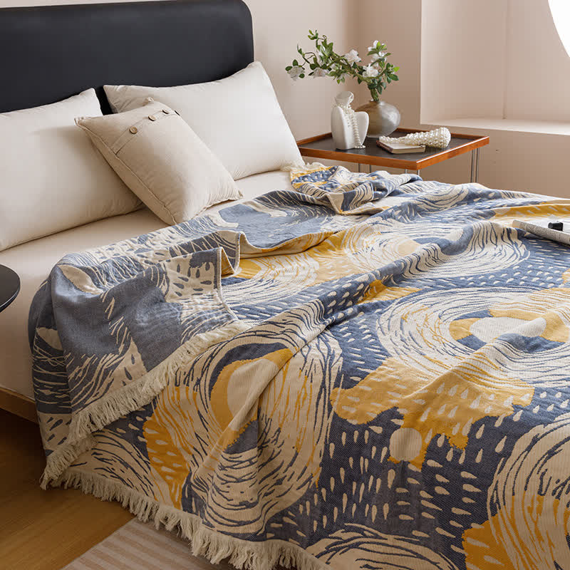 Four Layers Cotton Gauze Tassel Soft Quilt - Dark Blue & Yellow - Queen - image 0