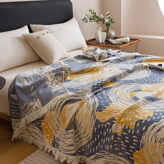 Four Layers Cotton Gauze Tassel Soft Quilt - Dark Blue & Yellow - Queen - image 0