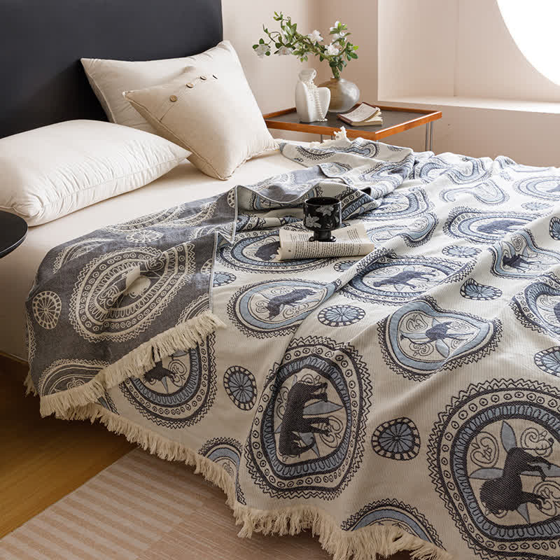 Vintage Four Layers Gauze Tassel Quilt - Gray Blue - Queen - image 0