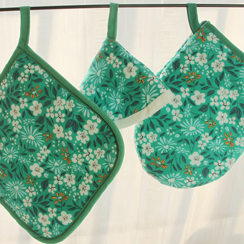 High Heat Resistant Kitchen Oven Mitt  - Green Flower - Set( 3 Sizes) - image 28