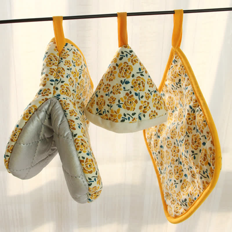 High Heat Resistant Kitchen Oven Mitt  - Yellow Flower - Set( 3 Sizes) - image 20