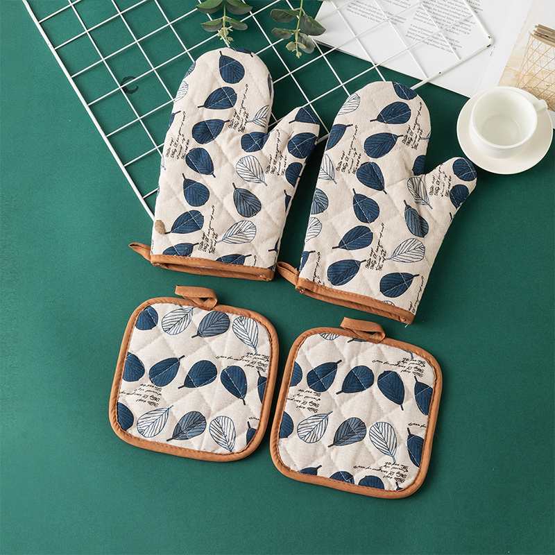 Cotton Linen High Heat Resistant Cooking Oven Mitt  - Dark Blue - Set ( 4PCS) - image 5