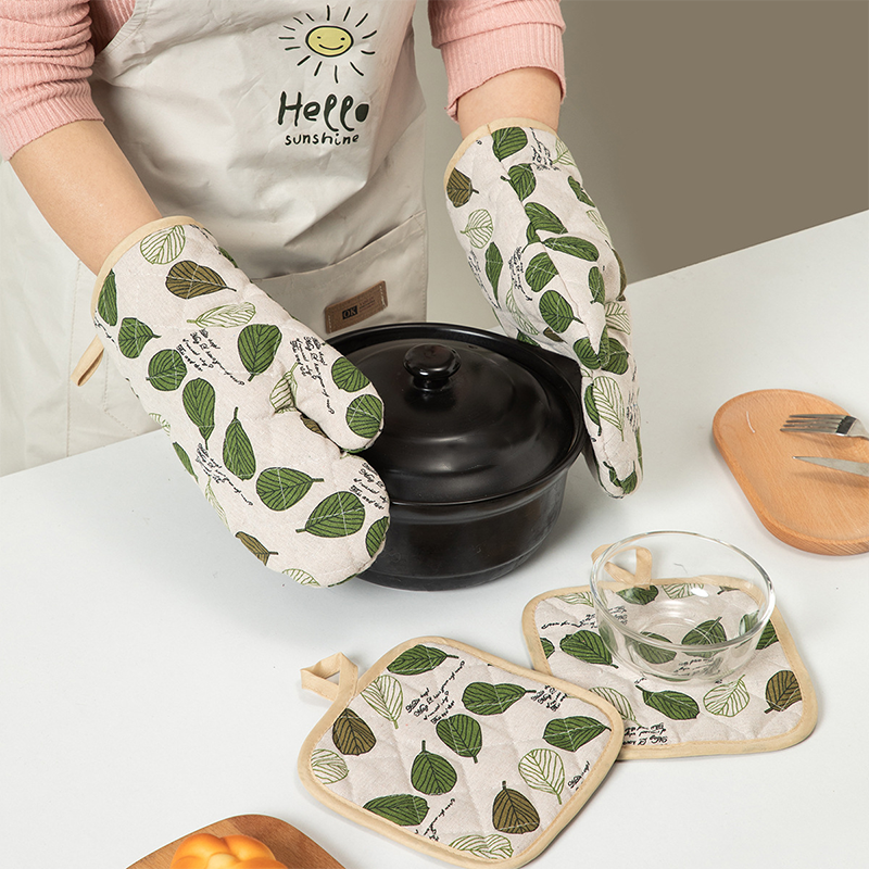 Cotton Linen High Heat Resistant Cooking Oven Mitt  - Green - Set ( 4PCS) - image 0