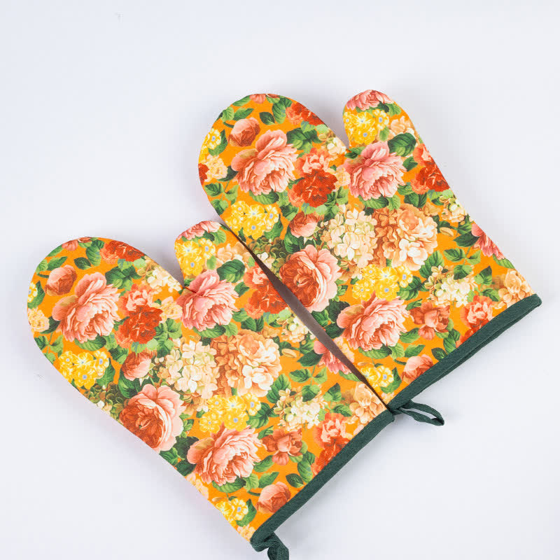Floral Waterproof Anti-scalding Cooking Oven Mitt  - Yellow - 2 Pairs - 6" x 10" - image 7