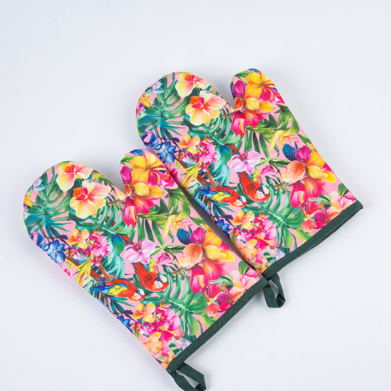 Floral Waterproof Anti-scalding Cooking Oven Mitt  - Pink & Yellow - 2 Pairs - 6" x 10" - image 8