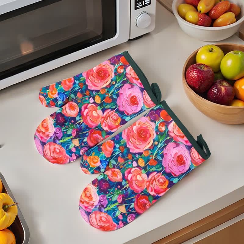 Floral Waterproof Anti-scalding Cooking Oven Mitt  - Dark Blue & Pink - 2 Pairs - 6" x 10" - image 0