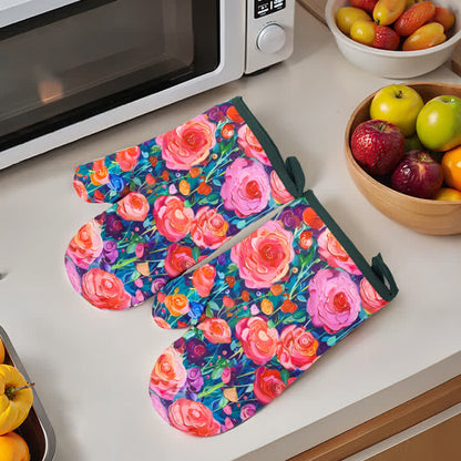 Floral Waterproof Anti-scalding Cooking Oven Mitt  - Dark Blue & Pink - 2 Pairs - 6" x 10" - image 0