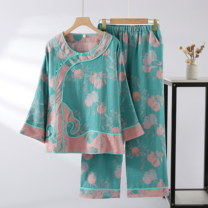 Jacquard Pomegranate Cotton Gauze Nightwear Set - Blue Green & Pink - XL - image 8