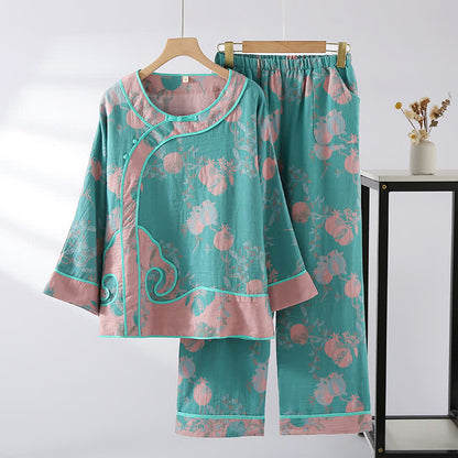 Jacquard Pomegranate Cotton Gauze Nightwear Set - Blue Green & Pink - XL - image 8