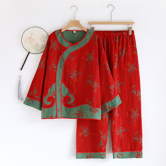 Cotton Gauze Elegant Jacquard Nightwear Set - Red & Green - XL - image 0