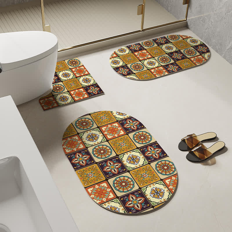 Retro Geometric Pattern Diatom Mud Anti-slip Bath Mat - Set - B - 35" x 23"+18" x 27"+23" x 35" - image 1