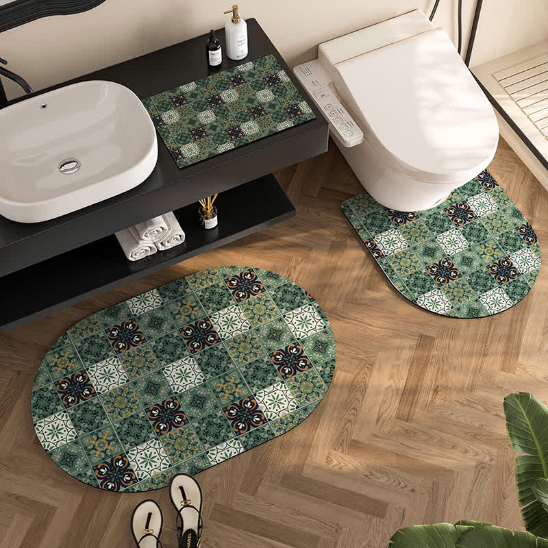 Vintage Geometric Plaid Pattern Diatom Mud Anti-slip Bath Mat - Set - B - 20" x 31"+35" x 23"+16" x 20" - image 1