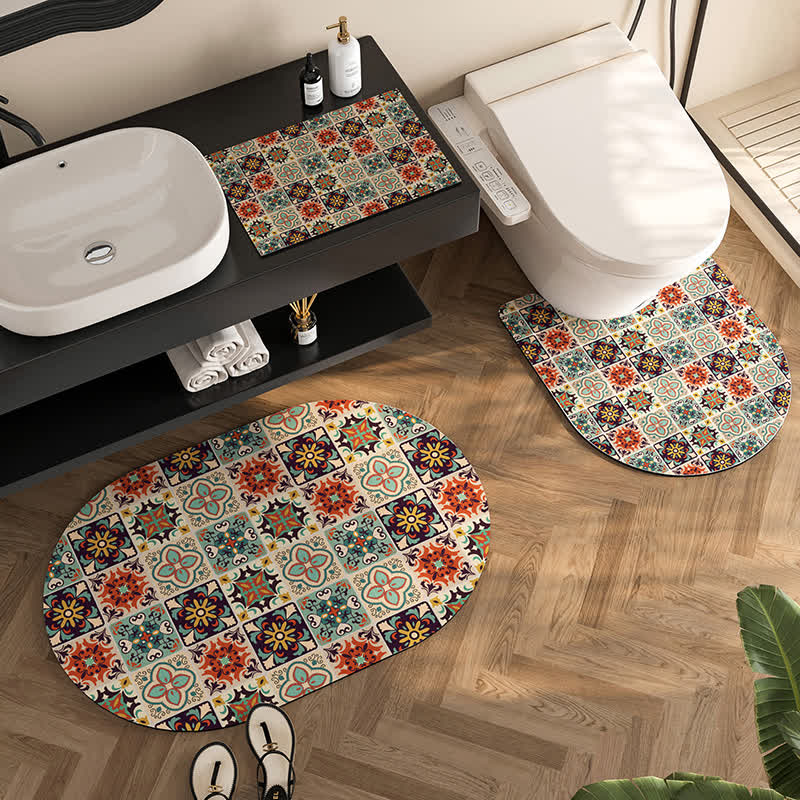 Vintage Geometric Plaid Pattern Diatom Mud Anti-slip Bath Mat - Set - A - 20" x 31"+35" x 23"+16" x 20" - image 0