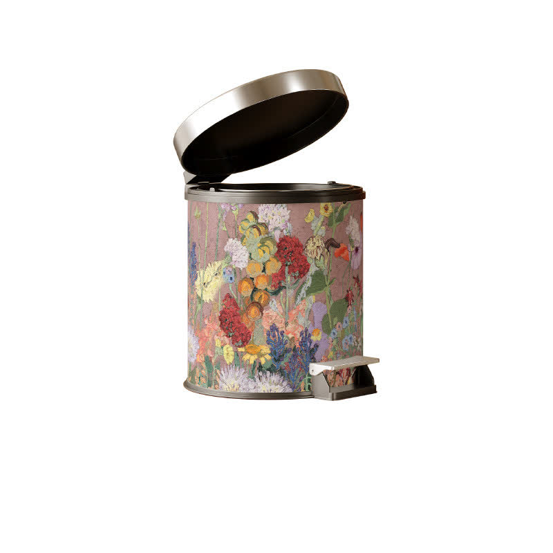Oil Painting Style Floral Leather Trash Bin - A - Foot-operated - 9"W x 9"L x 10"H - image 3