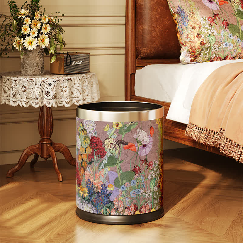 Oil Painting Style Floral Leather Trash Bin - A - Standard - 9"W x 9"L x 10"H - image 1