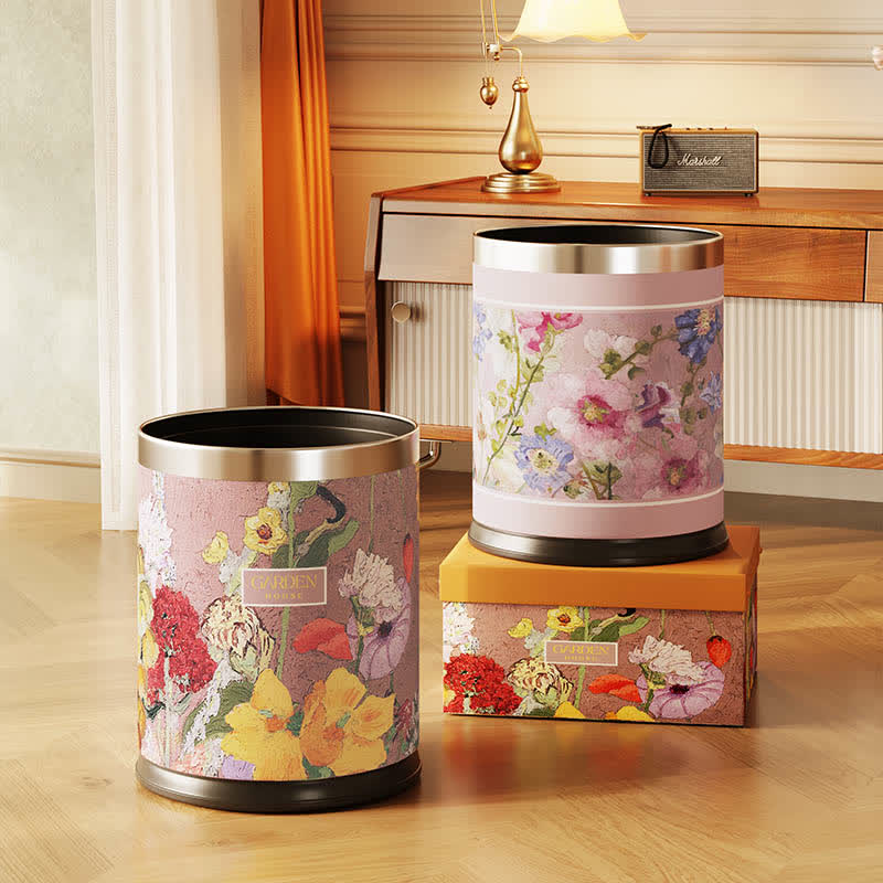 Oil Painting Style Floral Leather Trash Bin - image 0