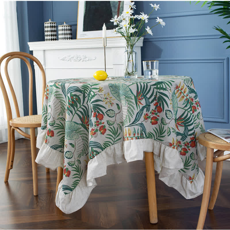 Pastoral Style Green Plant Print Round Ruffled Tablecloth - image 1