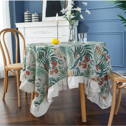 Pastoral Style Green Plant Print Round Ruffled Tablecloth - image 1