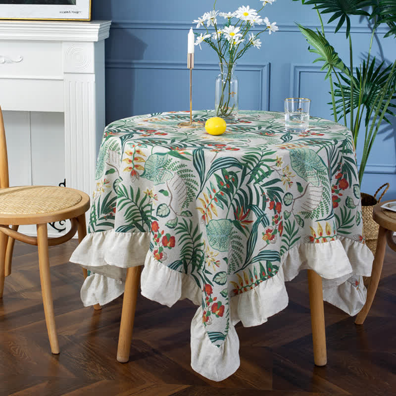 Pastoral Style Green Plant Print Round Ruffled Tablecloth - A - 71" - image 0