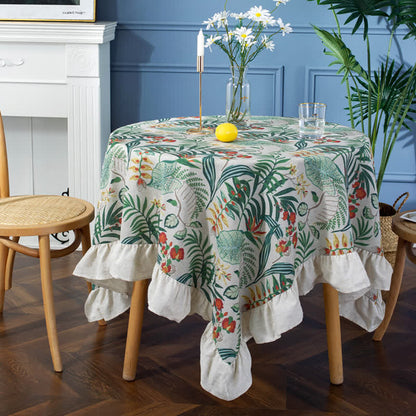 Pastoral Style Green Plant Print Round Ruffled Tablecloth - A - 71" - image 0