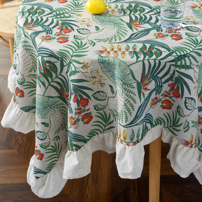 Pastoral Style Green Plant Print Round Ruffled Tablecloth - image 2