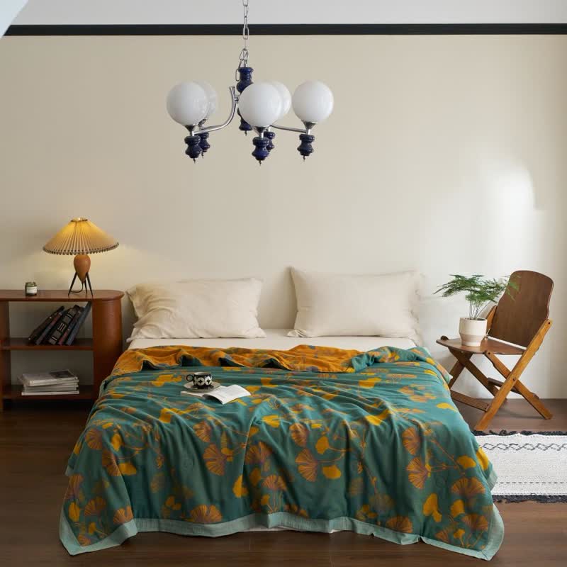Ginkgo Leaf Double Layer Gauze Cotton Quilt - Green & Yellow - King - image 7
