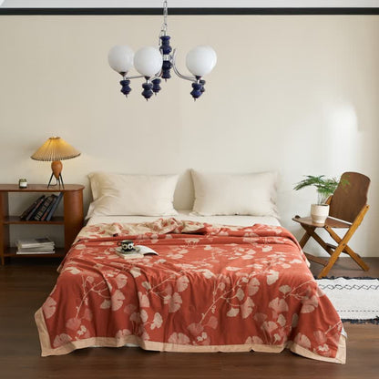 Ginkgo Leaf Double Layer Gauze Cotton Quilt - Caramel & Apricot - King - image 0