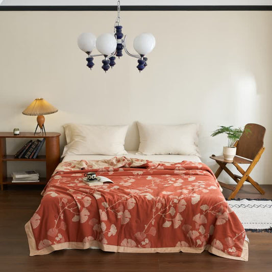 Ginkgo Leaf Double Layer Gauze Cotton Quilt - Caramel & Apricot - King - image 0