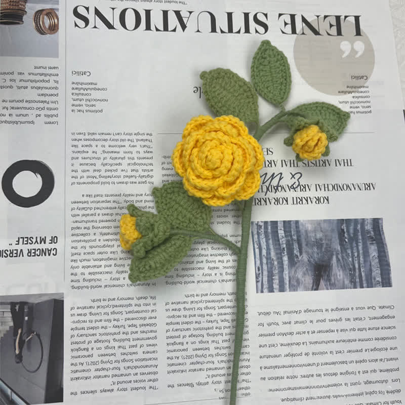Handmade Knitted Crochet Camellia Flower Branch Bouquet - Yellow - 3PCS - 1.97"W x 1.97"L x 19.69"H - image 3